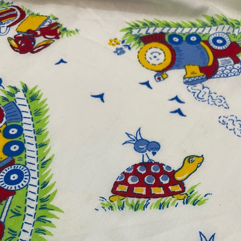 5/$25 Printed Turtle & Bird Cotton Fabric Panel - White, Blue, Red, Yellow